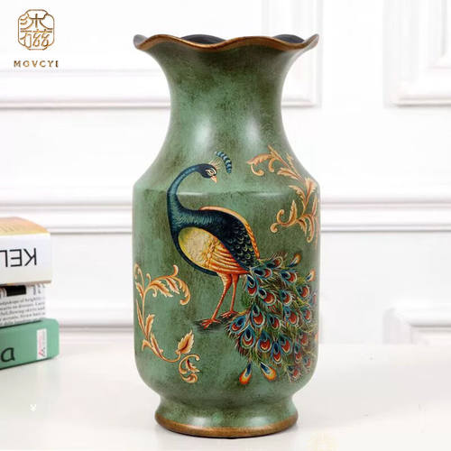 沐磁乡村孔雀复古花瓶创意陶艺花插陶瓷欧式花瓶客厅花器摆件乔迁