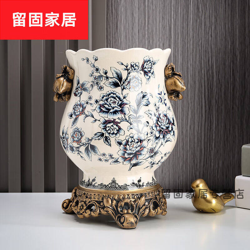 默然诺尔创意美式复古陶瓷花瓶装饰摆件冰裂纹贴花欧式会所家居干