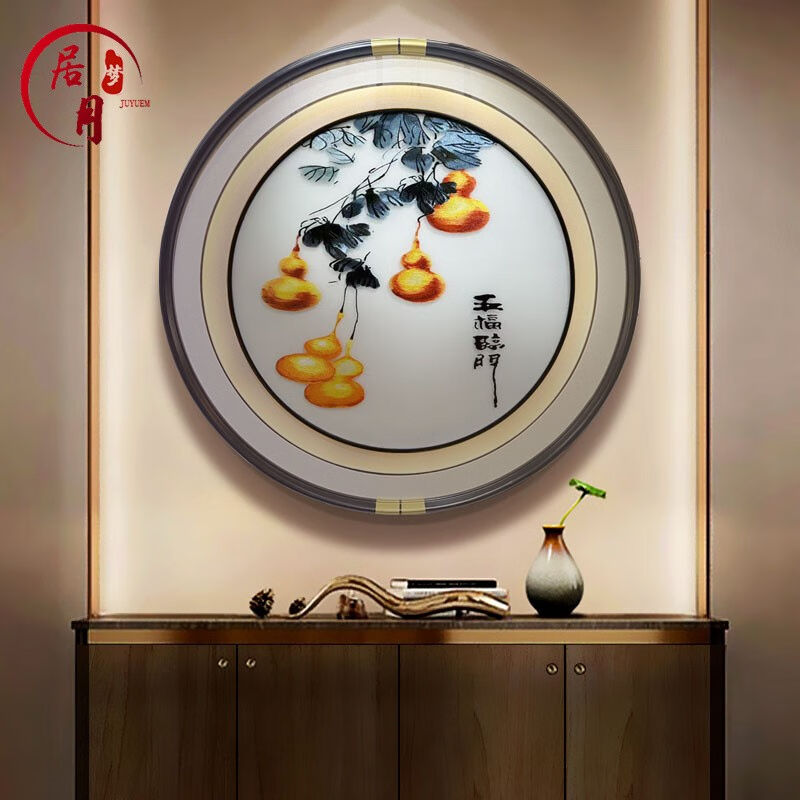 居月梦苏绣挂画圆形玄关装饰画精品苏州刺绣画led灯画荷花壁画客图片