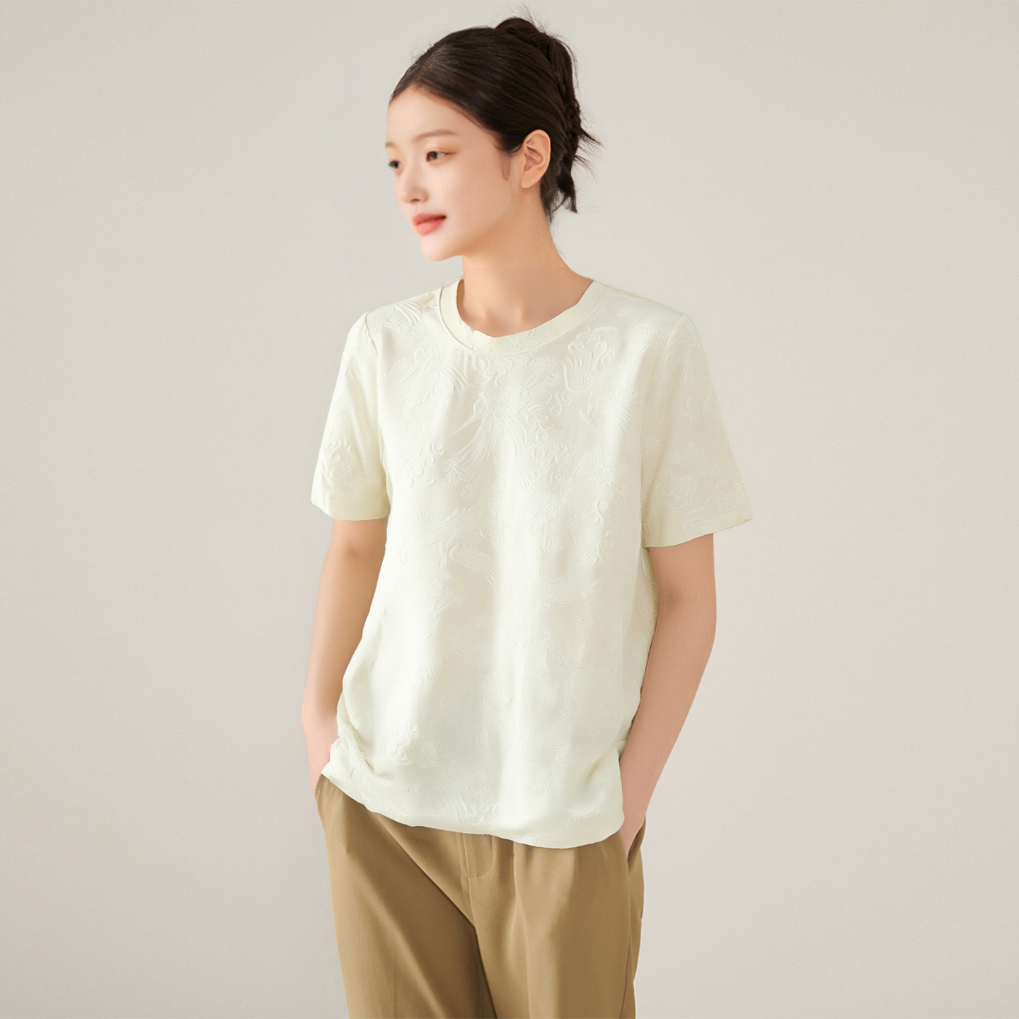 【九天】新中式国风重工精致提花直筒T恤上衣女767品牌折扣25夏璐