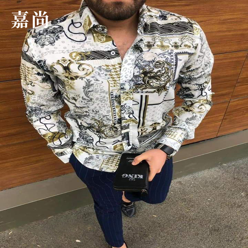 2024秋季欧美男士印花长袖上衣ins潮流大码宽松衬衫Men's shirts