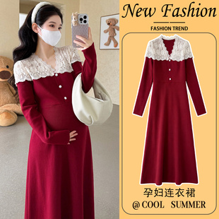 孕妇冬装连衣裙2025新款高级感蕾丝拼接孕期不显怀红色打底裙子女