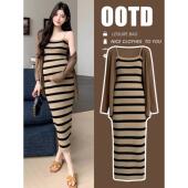 新款 孕妇连衣裙套装 修身 两件套春秋季 弹力条纹吊带裙开衫 孕妈妈装