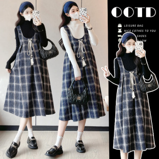时尚 连衣裙格子背带裙套装 遮肚孕期穿搭 孕妇装 2025休闲显瘦秋冬季