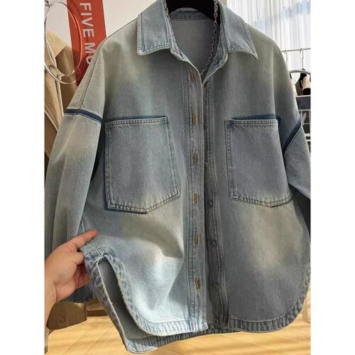 胖mm韩系Polo领长袖牛仔衬衫外套