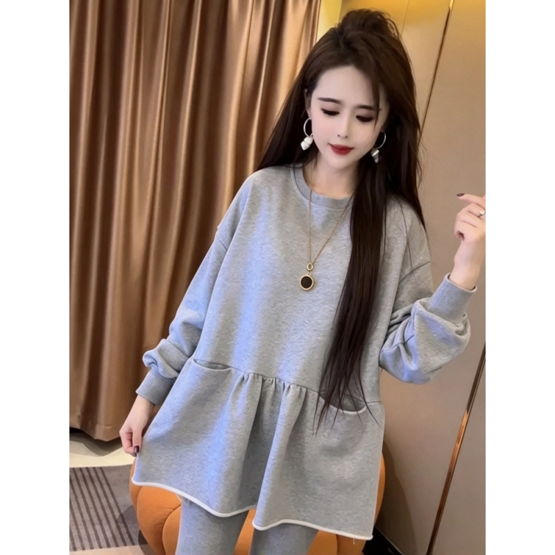 大码300斤韩系复古长袖卫衣女春秋胖mm松弛感休闲百搭卷边上衣ins