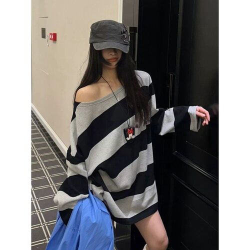 胖mm港风条纹露肩长袖T恤上衣女
