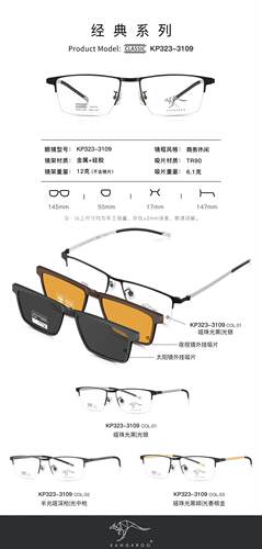 袋鼠变脸套镜眼镜架 KANGAROO/合金带偏光夜视夹片镜框KP323-3109