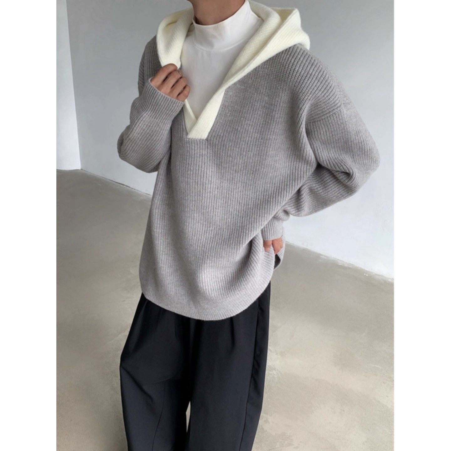 冬季美式cleanfit男生连帽V领毛衣慵懒高级感灰色针织衫卫衣外套