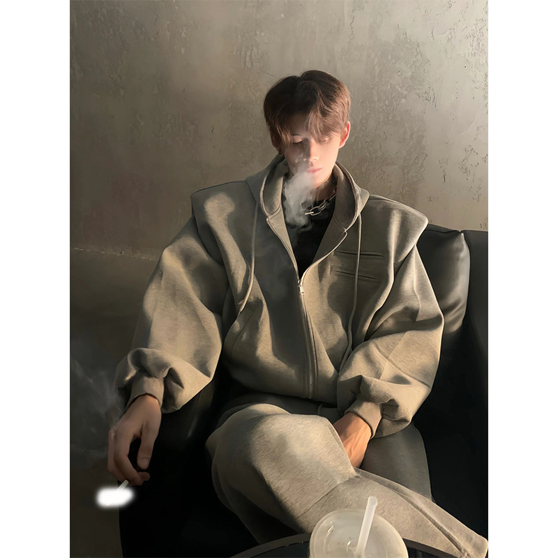 重磅宽松cleanfit垫肩卫衣春秋季新款连帽假两件外套男美式长袖