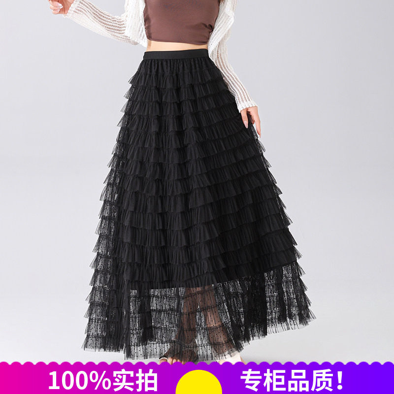 2026春季新款网纱蛋糕中长裙显瘦百搭韩版波点植绒半身裙女甜美风
