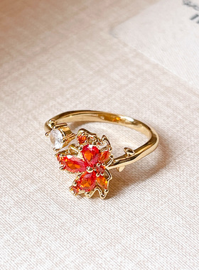 红色枫叶锆石开口戒指女复古百搭