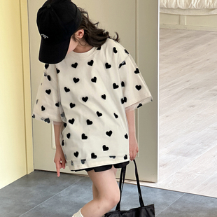 女童夏装短袖t恤2026新款夏季爱心网纱上衣儿童女孩宽松甜美体恤