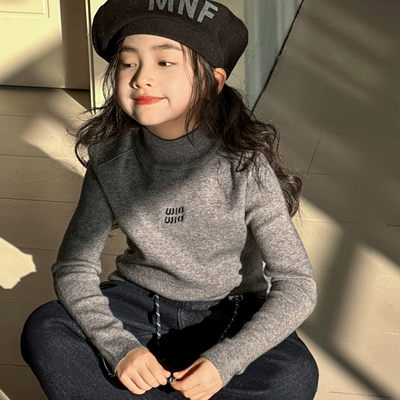 女童毛衣秋冬儿童洋气针织衫冬季中领灰色中大童内搭半高领打底衫