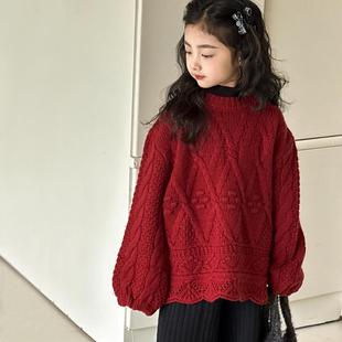 儿童上衣亲子套头洋气加厚针织衫 新款 2025冬季 女童红色毛衣新年款