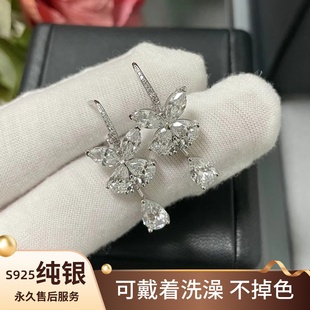 蝴蝶水滴耳环女满钻幻影耳钉饰s925纯银马眼镶钻白金色送女友礼物