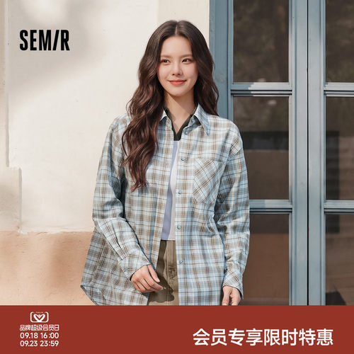 森马格子宽松中长款长袖衬衫女