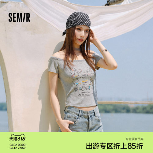 森马一字领印花短款短袖T恤女