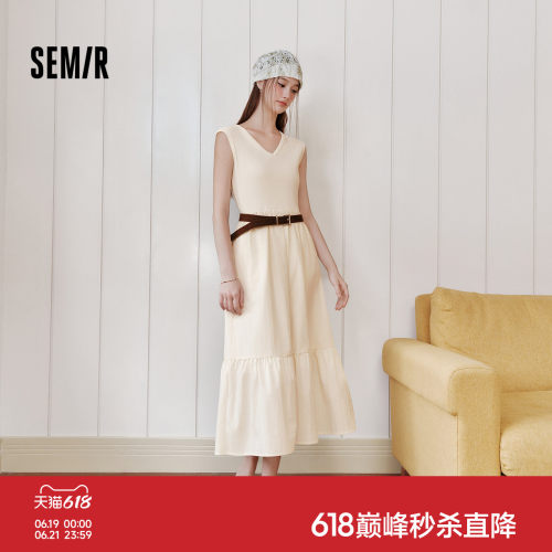 森马V领荷叶边腰带背心连衣裙女