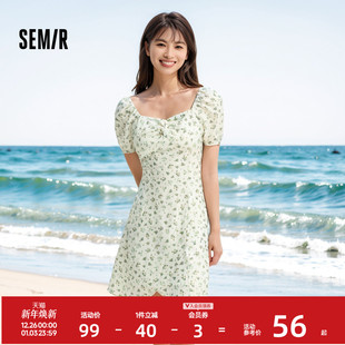 森马连衣裙女肌理雪纺浪漫森系温柔风夏季 方领不规则碎花裙小清新