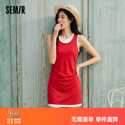 森马连衣裙女夏季撞色polo领短裙字母休闲显瘦运动风学院风百褶裙