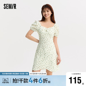 森马连衣裙女肌理雪纺浪漫森系温柔风夏季方领不规则碎花裙小清新
