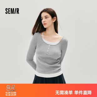 森马长袖T恤女秋短款假两件蕾丝花边修身2025新款小性感气质上衣