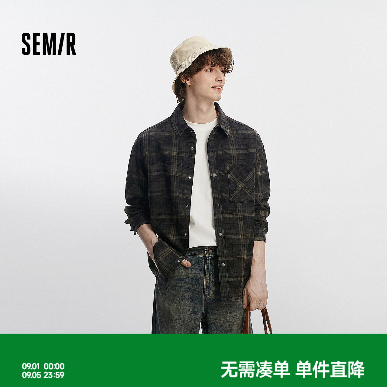 森马复古牛仔宽松翻领长袖衬衫男图片