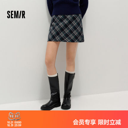 森马半身裙女冬季半松紧腰仿呢格纹短裙学院风复古潮流辣妹A字裙