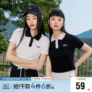 森马POLO衫女短款紧身正肩简约风印花夏气质字母撞色上衣女生休闲