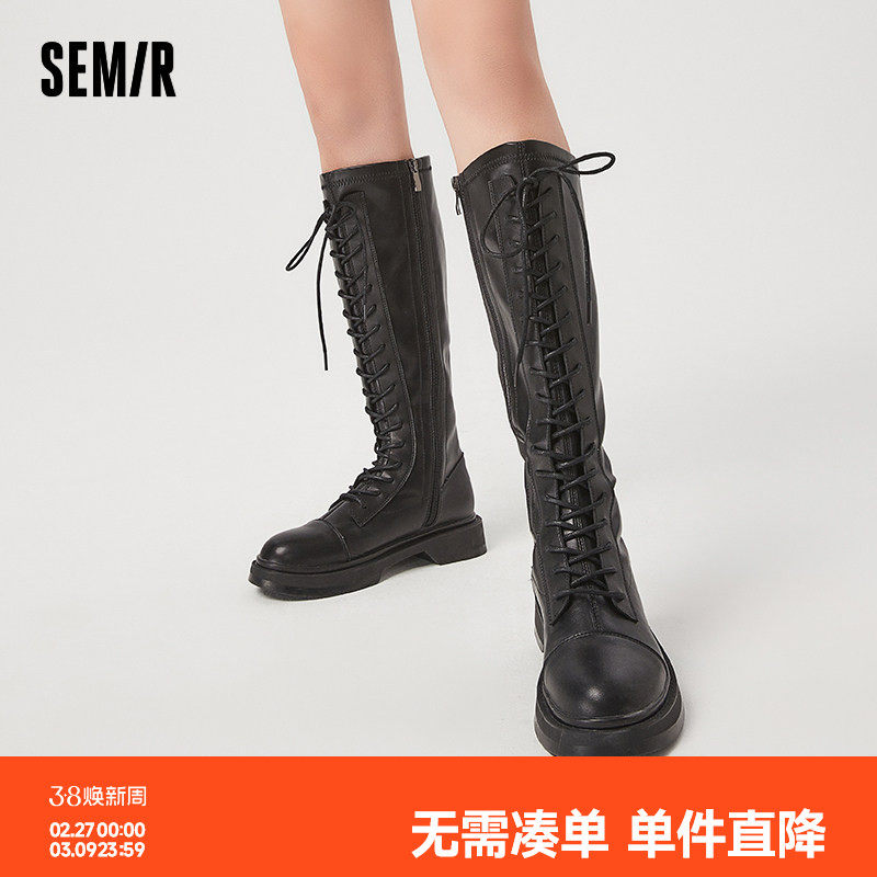 Semir女鞋骑士靴2026秋冬季穿脱方便百搭显高帮系带机车靴长筒靴