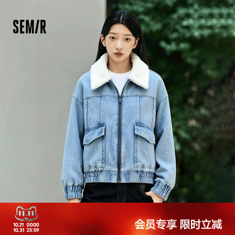 森马仿羊羔毛翻领夹棉牛仔外套女