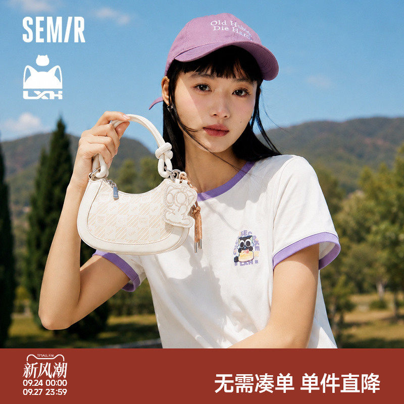 森马罗小黑联名棋盘格纹斜跨包女										