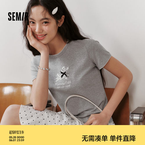 森马花边小狗修身短款短袖T恤女