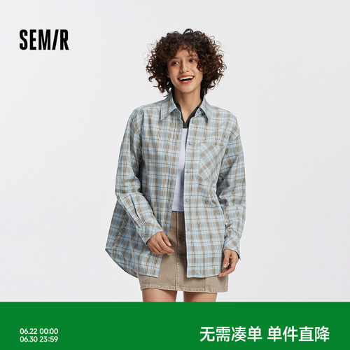 森马格子宽松中长款长袖衬衫女