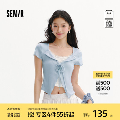 森马绑带假两件短款短袖T恤女