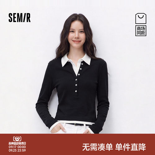 森马显瘦修身假两件撞色POLO衫女