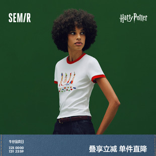 新款 修身 T恤女短款 撞色套頭衫 印花2025夏季 森馬哈利波特聯(lián)名短袖