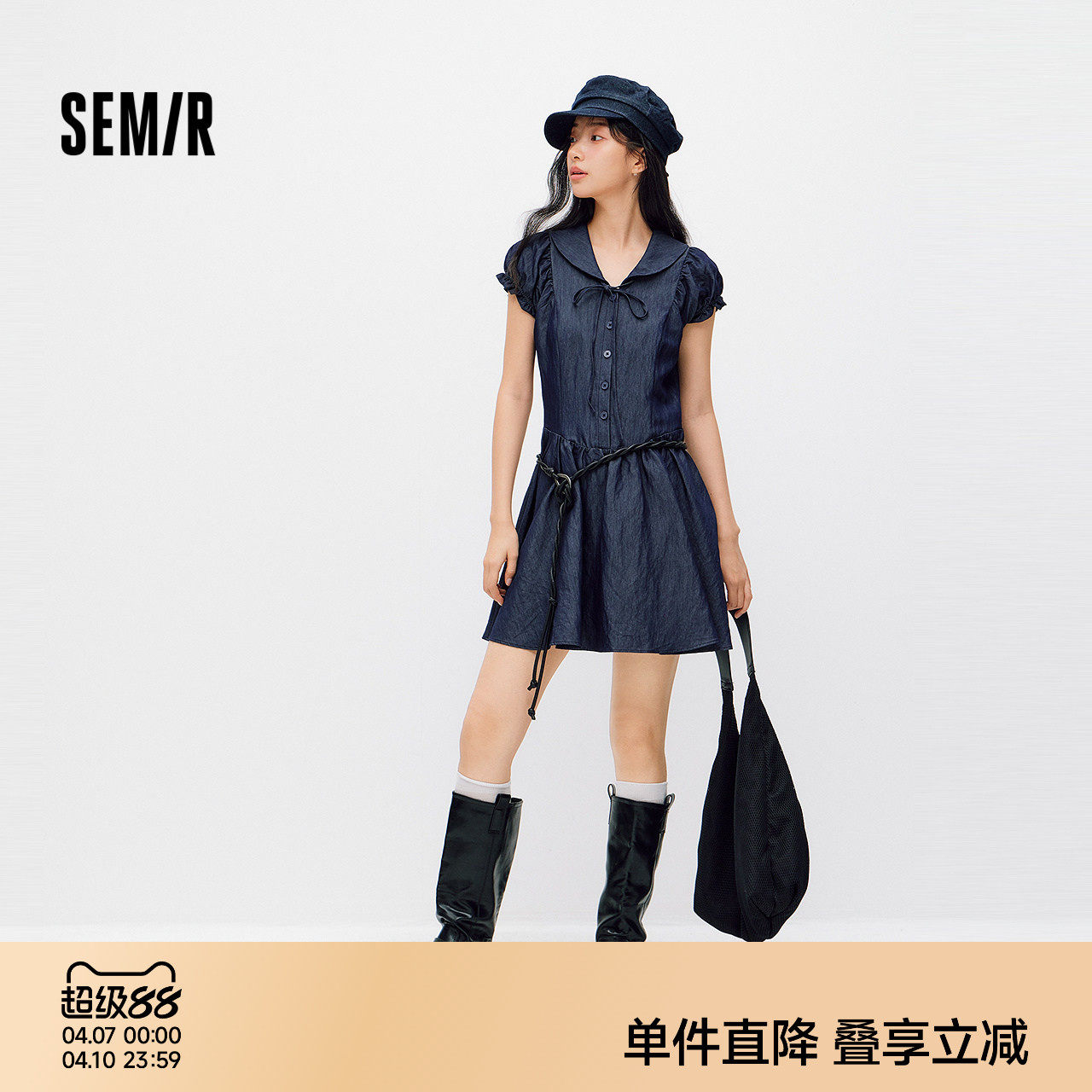 森马连衣裙女夏海军领蝴蝶结花边收腰2026新款显瘦甜美盐甜系短裙