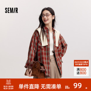 商场同款 红色外套春2025新款 森马长袖 女中长款 格纹上衣复古 衬衫