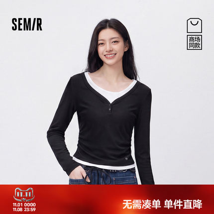 商场同款|森马长袖T恤女秋修身假两件2026新款小心机小个子套头衫