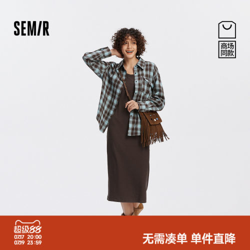 森马格子衬衫U领背心连衣裙女