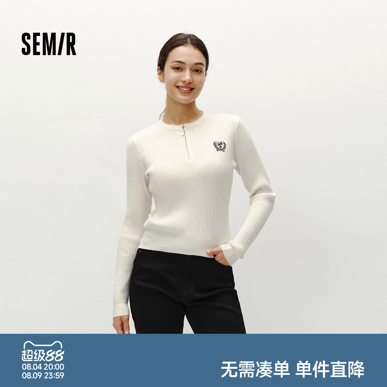 森马半开襟刺绣修身短款毛衣女