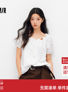 森马短袖衬衫女夏季短款串珠方领泡泡袖白色2026新款法式可爱上衣