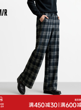 森马休闲裤女冬格子加绒长裤宽松25新款盐系慵懒裤子复古阔腿470G