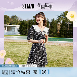 森马连衣裙女娃娃领拼接可爱甜酷2022夏季新款质感黑白碎花裙森系