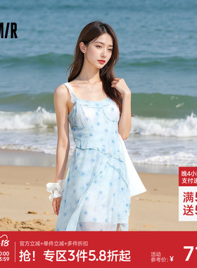 森马连衣裙女荷叶边2025新款吊带碎花雪纺裙浅春系Dress in light