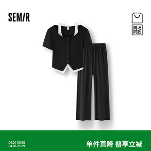 女假两件短上衣直筒长裤 商场同款 森马套装 黑色两件套 2025秋新款