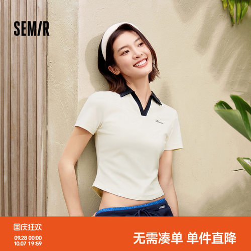 森马绣花修身正肩短款POLO衫女