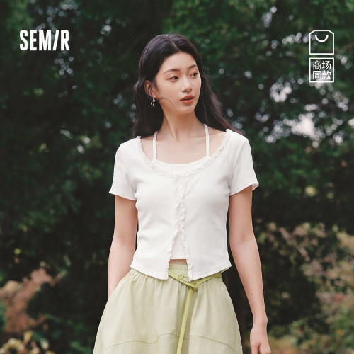 森马花边假两件短款短袖T恤女